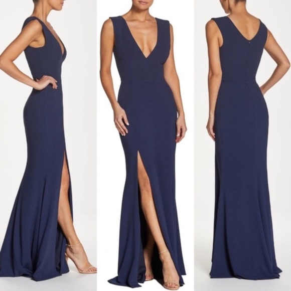 Dress the Population Women's Sandra Plunging Neckline Solid Slit Dress Size XS - Picture 1 of 11